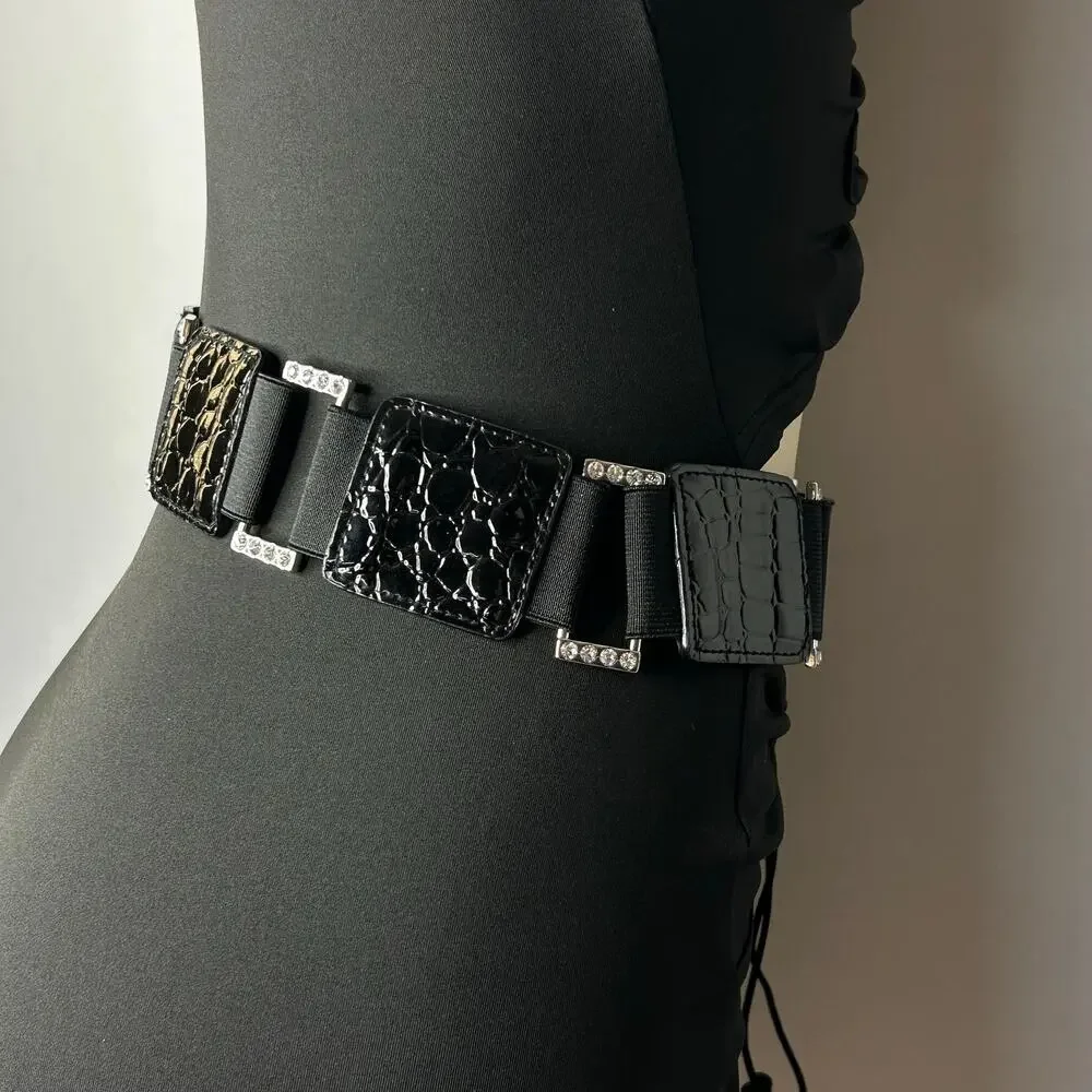 Y2K Black Faux Croc Rhinestone Stretch Hip Belt Statement Waist Belt 30”